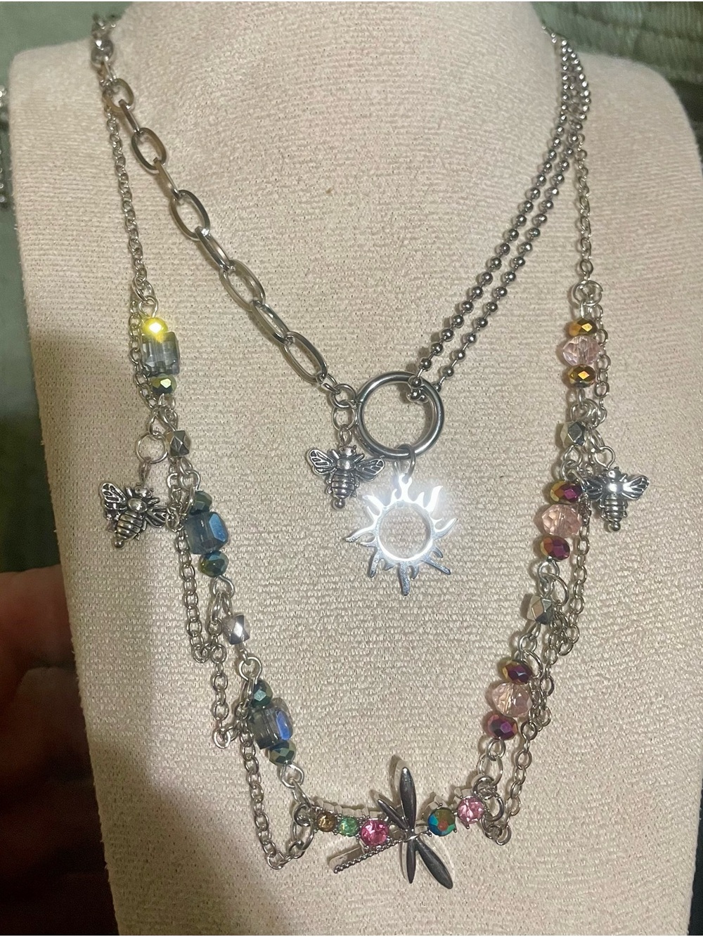 Set Of Two Dragonfly & Sun Pendant Necklaces with Multicolor Beads